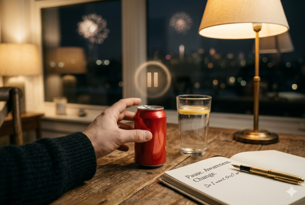 Close-up shot of a hand on a rustic wooden table, hovering between a red soda can and a glass of lemon water. In the foreground, an open journal with a gold pen reads "Pause. Awareness. Change." through a subtle glowing pause icon. A lamp and distant fireworks are visible through a window in the background.
