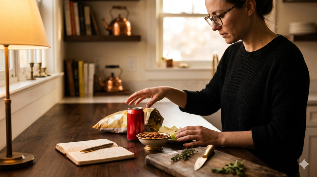 A close-up of a person in a kitchen pausing their hand above a soda can and snacks, looking thoughtfully at a journal on the counter.