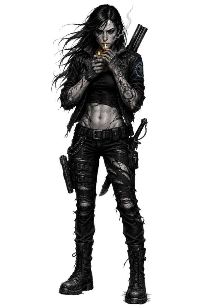 Full-body gothic horror comic illustration of Dee, a revenant hunter from Aragost, lighting a cigarette against a white background.
