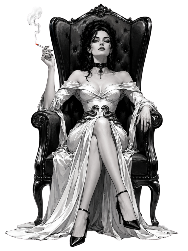 Madam Monet sits in a high-back chair holding a cigarette, wearing a silver-white gown, black choker, and twin-serpent belt against a white background.