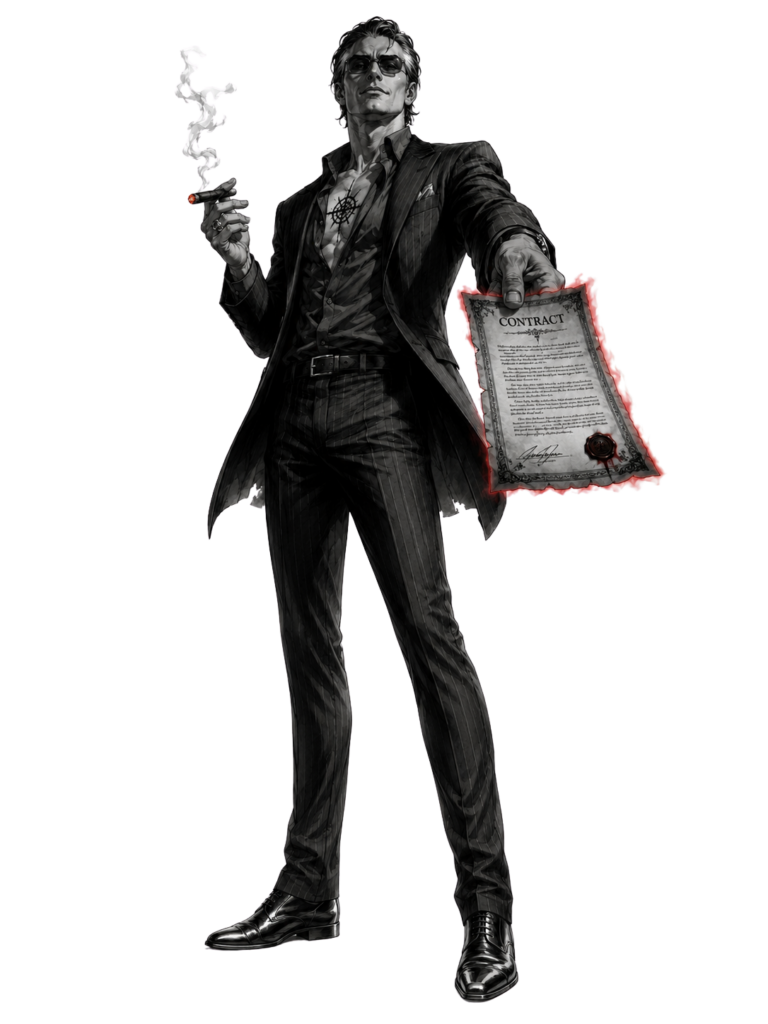 Orrin stands in a grayscale gothic comic style holding a lit cigar and offering a red-glowing contract against a white background.